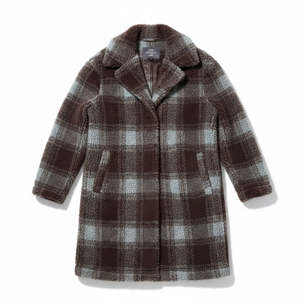 Toad&Co Plaid Sherpa Fleece Coat Large Brown Blue Recycled Wool Gorpcore
